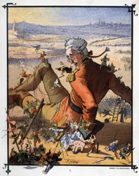 Lemuel Gulliver wird von den Lilliputanern gefesselt. Illustration für „Gulliver