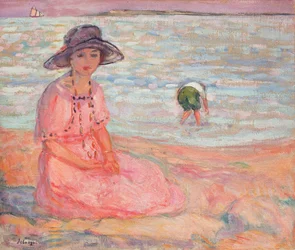 Frau im rosa Kleid am Meer, ca. 1920