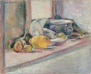 Blauer Topf und Zitrone