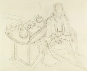 Sitzende Frau - Stillleben mit Blumen auf einem Tisch