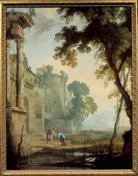 Landschaft besteht aus: eine Frau, ein alter Mann und ein Kind in einer Landschaft mit römischen Ruinen und Teich