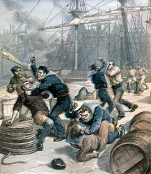 Schlägerei zwischen englischen und deutschen Seeleuten an den Millwall Docks, London, 1892