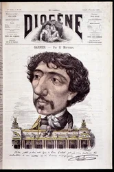 Karikatur von Charles Garnier, sitzend auf seinem Werk, der Oper Garnier - in 