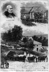 Tod von Leon Gambetta (1838-1882) französischer Politiker - Die Beerdigung von Leon Gambetta in Nizza - der Bahnhof von Nizza - Abfahrt des Trauerzugs - in „Le journal illustrious“ von 1883 - Zeichnung von Henri Meyer (1844-1899)
