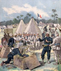 Französische Soldaten öffnen Neujahrsgeschenkboxen in Dahomey, Afrika, 1892