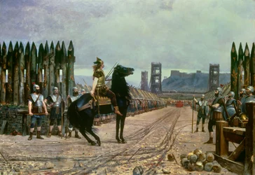 Der gallische Anführer Vercingetorix (72-46 v. Chr.) ergibt sich nach der Schlacht von Alesia im Jahr 52 v. Chr. dem römischen Feldherrn Julius Cäsar (100-44 v. Chr.). Henri Motte (1846-1922), 1886 - Le Puy-en-Velay, Musée Crozatier - Der gallische