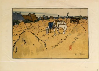 Ein Pferd und das Dorf La Chapelle (Saint-Briac)