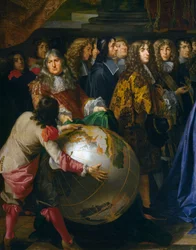 Terrestrischer Globus, Detail von Jean-Baptiste Colbert, der Mitglieder der Königlichen Akademie der Wissenschaften Ludwig XIV. im Jahr 1667 vorstellt
