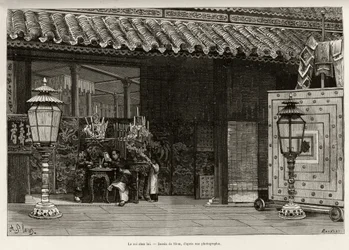 König Dong Khanh (1864-1889), Kaiser von Annam, zu Hause in der Kaiserstadt Hue (Vietnam). Gravur von Thiriat zur Illustration der Geschichte „Trente mois au Tonkin“ von Dr. Charles Edouard Hocquard (1853-1911), 1885, in Le tour du monde, nouveau journal d