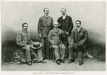 Porträt von Henry Morton Stanley (John Rowlands 1841-1904) mit seinen Offizieren: Dr. Thomas Heazle Parke, Robert H. Nelson, William G. Stairs und Arthur J. M. Jephson. Gravur von Thiriat, zur Illustration der Geschichte 