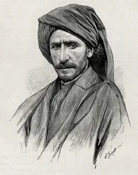 Porträt von Scheich Moses, dem mächtigsten Stammesführer von Arabistan (oder Arabische Halbinsel). Gravur von Thiriat zur Illustration der Geschichte „Persien, Chaldäa und Susiane“