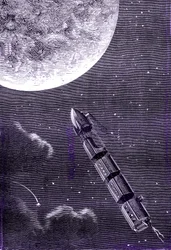 Zug von Kugeln (oder Projektilen), die von einer Riesengeschützkanone zum Mond abgefeuert wurden, "Von der Erde zum Mond" von Jules Verne