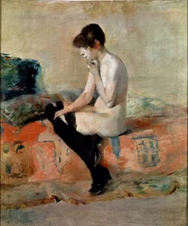 Aktstudie. Nackte Frau, die auf einer Couch sitzt. Gemälde von Henri de Toulouse-Lautrec