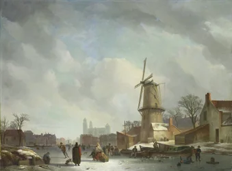 Herumtollen auf einem zugefrorenen Kanal in einer Stadt