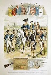 Amerikanische Flaggen, Uniformen, Währungen & Waffen der Revolution, Illustration aus der 