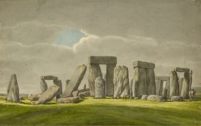 Stonehenge von Südosten, zeigt Steine im ruinösen Zustand mit 2 Besuchern, 1824-1839