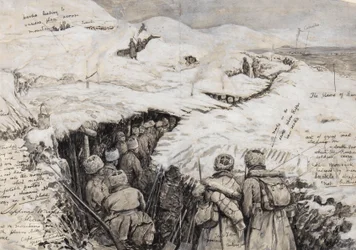 Galizien, russische Truppen in schneebedeckten Hügeln, 13. März 1916
