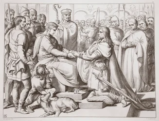 Wie Hereward zum König kam, Illustration aus Hereward the Great von Charles Kingsley, veröffentlicht 1870, graviert von C.G. Lewis (Stahlstich)