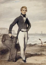 Porträt von Edward Pocock R.N. als kleine Ganzfigur, neben einem bei Ebbe auf den Strand gezogenen Ruderboot stehend