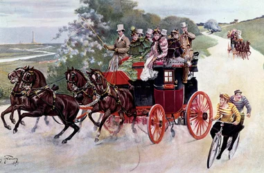 Eine Kutsche mit Passagieren und Radfahrern