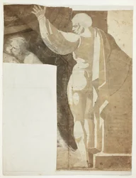 Männliche Figur mit erhobenem linken Arm von hinten gesehen und Fragment eines alten Mannes