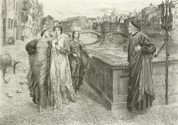 Das erste Treffen von Dante und Beatrice (Gravur)