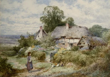 Junges Mädchen füttert Hühner vor einem Cottage