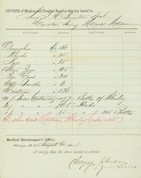Rechnung für medizinische und Krankenhausvorräte, unterzeichnet von Henry Johnson, 30. August 1864