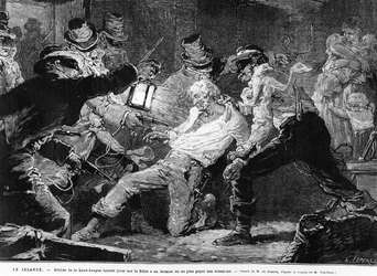 Mitglieder der Land-League zwingen einen Pachtbauern, auf die Bibel zu schwören, dass er seine Miete nicht zahlen wird, Druck von A. Lepere, aus 