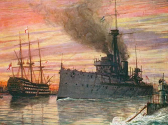 Im Hafen von Portsmouth 1909, die "Dreadnought" und die "Victory"