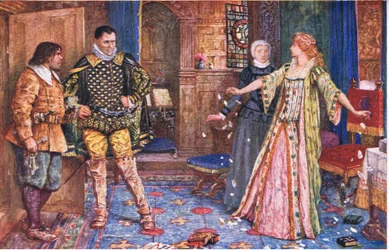 Die Gräfin von Leicester zerreißt den Brief ihres Mannes in Anwesenheit von Varney und Foster, Illustration aus Kenilworth, ca. 1910