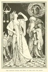 Die Prinzessin trinkt das Fläschchen, um die Hörner zu entfernen (Gravur)