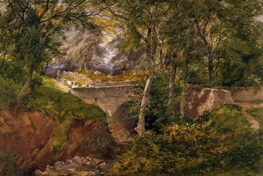Waldlandschaft mit Schafen, die eine Brücke überqueren, 1868