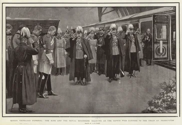 Beerdigung von Königin Victoria, der König und die königlichen Trauergäste salutieren, als der Sarg zum Zug in Paddington getragen wurde