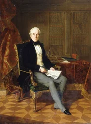 Porträt von Henry Pelham-Clinton, K.G., 4. Herzog von Newcastle, ein Dokument haltend, in seinem Arbeitszimmer, 1850