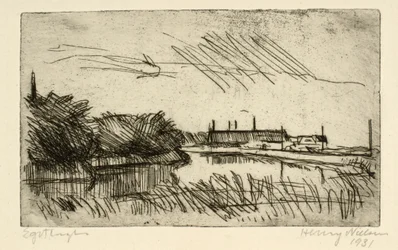 Landschaft mit Wasserlauf und Häusern