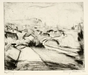 Landschaft mit Straße und Häusern