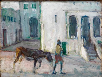 Straßenszene, Tanger (Mann führt Kalb)