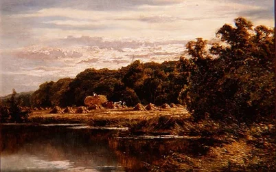 Erntearbeiter auf einem Feld an einem Fluss