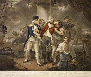 Kapitän Trollope in der Glatton mit 54 Carronaden im Gefecht mit einem französischen Geschwader von 8 Kriegsschiffen mit 230 Kanonen, graviert von James Daniell, 1797