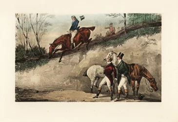 Englischer Gentleman zu Pferd, der einen Sprung von einem steilen Abhang macht