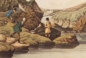 Lachsangeln, aquatintiert von I. Clark, verlegt von Thomas McLean, 1820