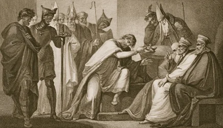 Eduard II. legt seine Krone nieder, graviert von Schiavonelli, Illustration aus David Humes 