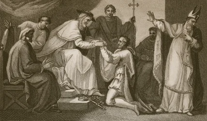 Unterwerfung von John, graviert von Delatre, Illustration aus David Humes 