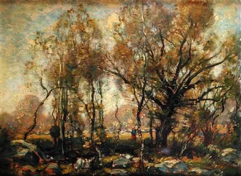 Figur in einer bewaldeten Landschaft