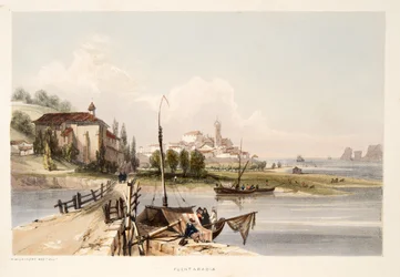 Fontarabia, mit dem Kloster und der Brücke von Capauchinos, aus Skizzen der Landschaft in den Baskischen Provinzen Spaniens, mit einer Auswahl nationaler Musik, veröffentlicht 1838