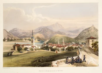 Irun, mit dem Berg San Martial und der Brücke von Capauchinos, aus Skizzen der Landschaft in den Baskischen Provinzen Spaniens, mit einer Auswahl nationaler Musik, veröffentlicht 1838