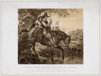 Charles II in Verkleidung, unterstützt bei seiner Flucht von Jane Lane