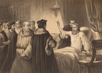Wycliffe auf seinem Krankenbett von den Mönchen angegriffen, 1886