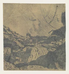 Felsige Landschaft mit einer Schlucht, erste Version
